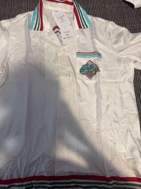 casa blanca mens silk White Button-Up Shirt with Multicolor Trim retail $1200